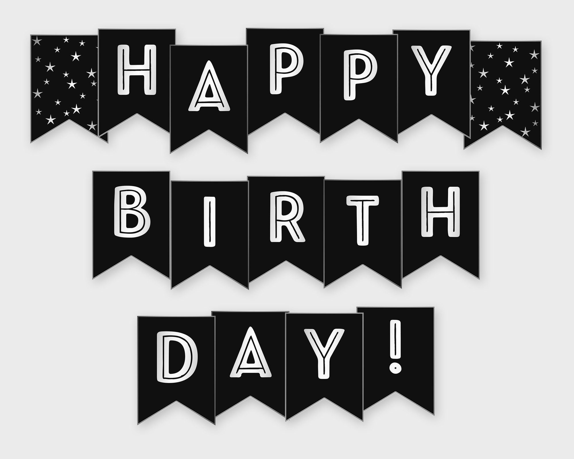 Happy Birthday Printable Banner, Black &amp;amp; Silver- Birthday Party in Free Printable Happy Birthday Banner Clipart Black and White
